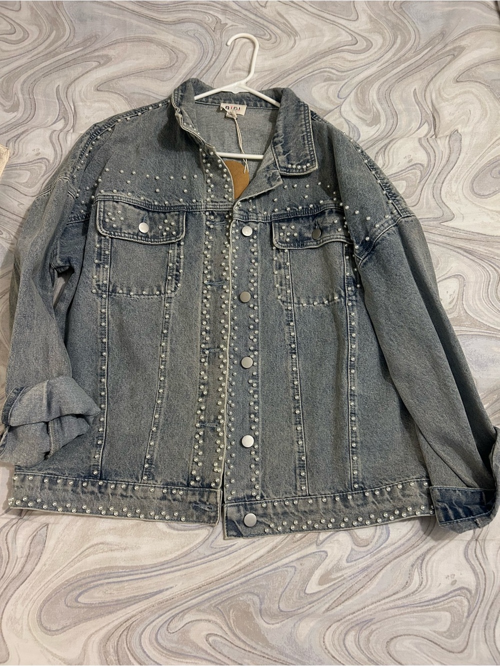 BiBi Gray Denim Jacket with Pearl-Style Studs